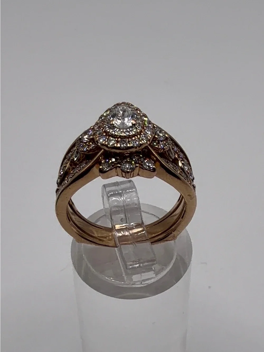 14K Rose Gold Pear Diamond Halo Ring Size 7.25